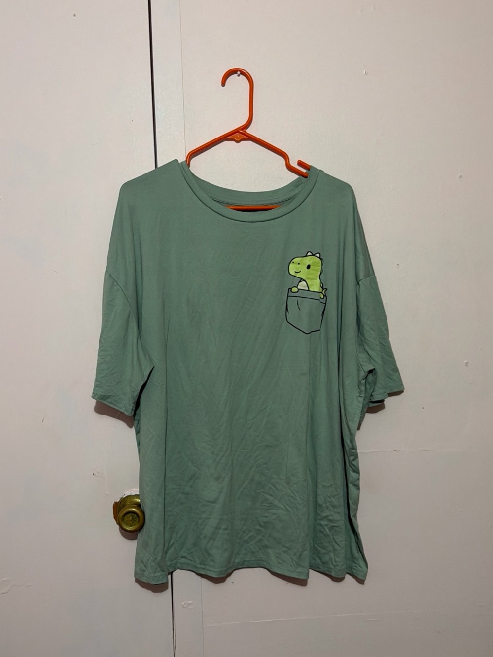 SHEIN Sage Green Short Sleeve Tee with Pocket Dino